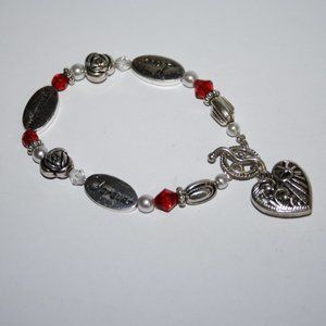 ❤️ Silver, Red & Pearl Heart Charm Bracelet · 8" · Granddaughter Love 🤍